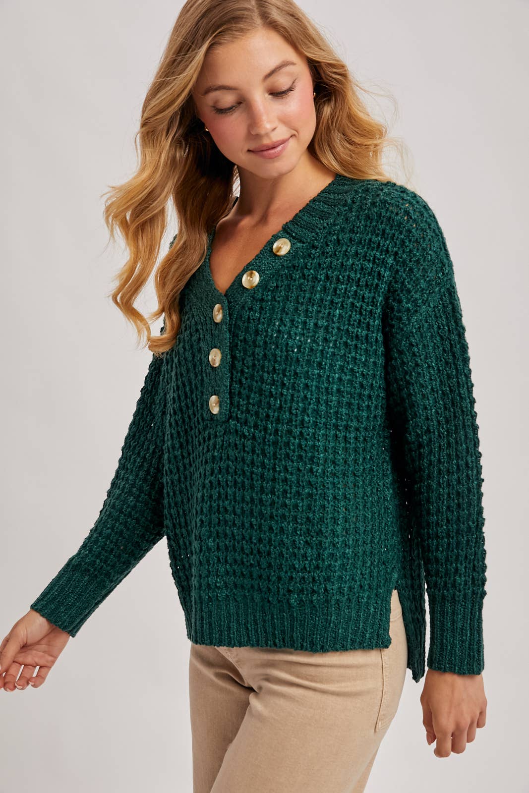 THERMAL HENELY SWEATER TOP: HUNTER GREEN**