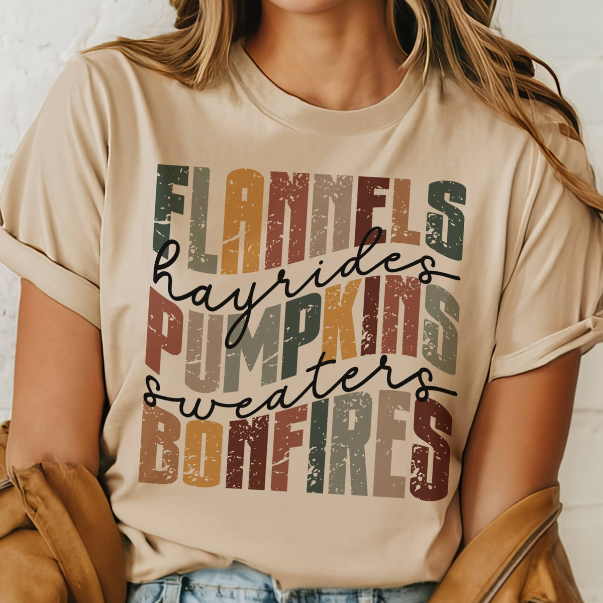 Fall Flannel Hayrides Bonfires Autumn Vibes Graphic Tee: Beige