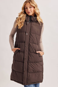 DETACHABLE HOOD ZIPPER LONGLINE QUILTED PUFFER VEST JACKET : ASH BROWN