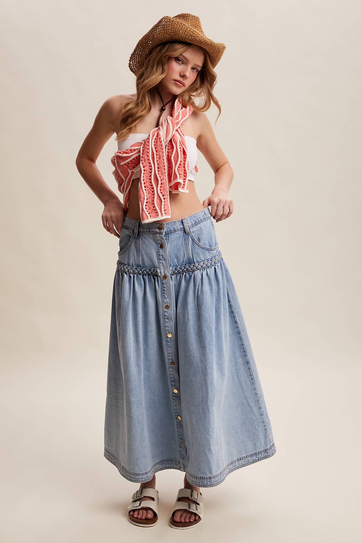 Braided Waist Denim Maxi Skirt: Cloud Wash