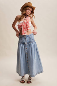Braided Waist Denim Maxi Skirt: Cloud Wash