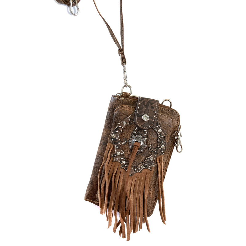 Western Fringe Women's Crossbody Phone Wallet Purse : Brown