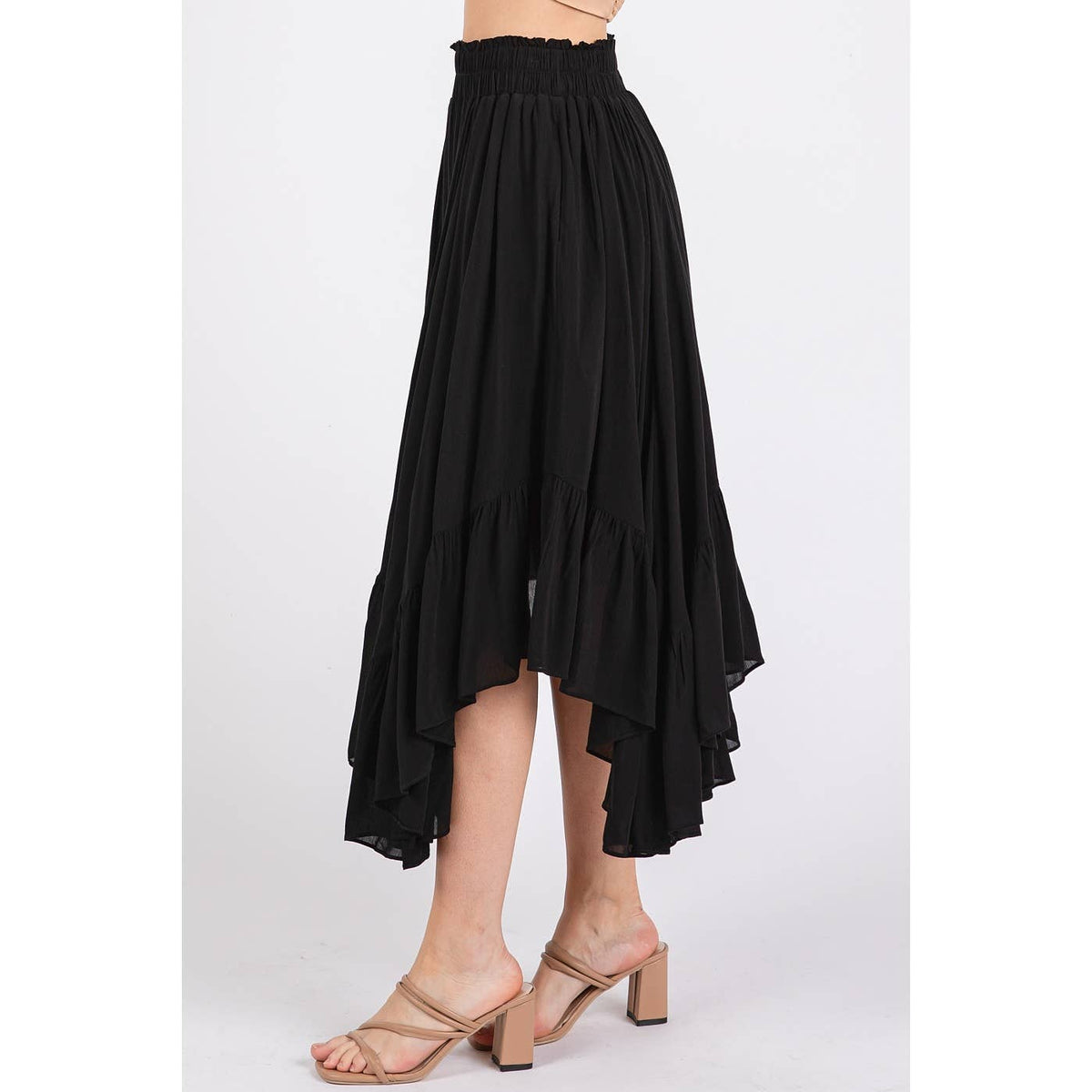 HANDKERCHIEF HEM ELASTIC WAIST POCKET MIDI SKIRT: BLACK