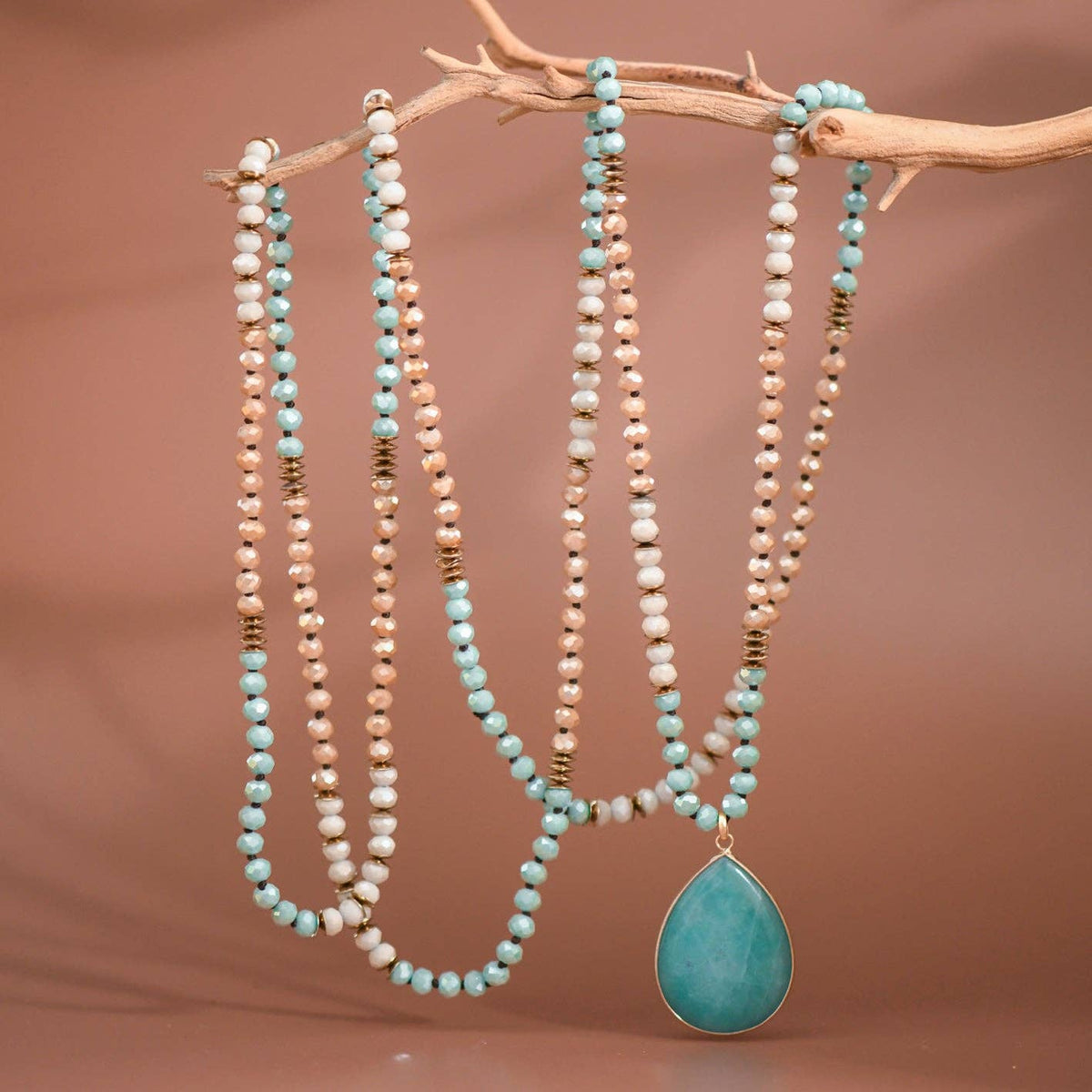 Boho Mixed Glass Bead Wrap Necklace, Natural Stone Drop Pendant