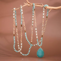 Boho Mixed Glass Bead Wrap Necklace, Natural Stone Drop Pendant