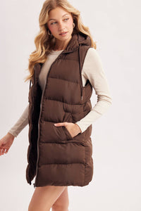 HOODED ZIPPER DOWN LONGLINE PUFFER VEST