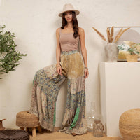 **Pre-Order: Will arrive August** Boho Tiered Patchwork Flare Pants Velvet Drawstring Waist