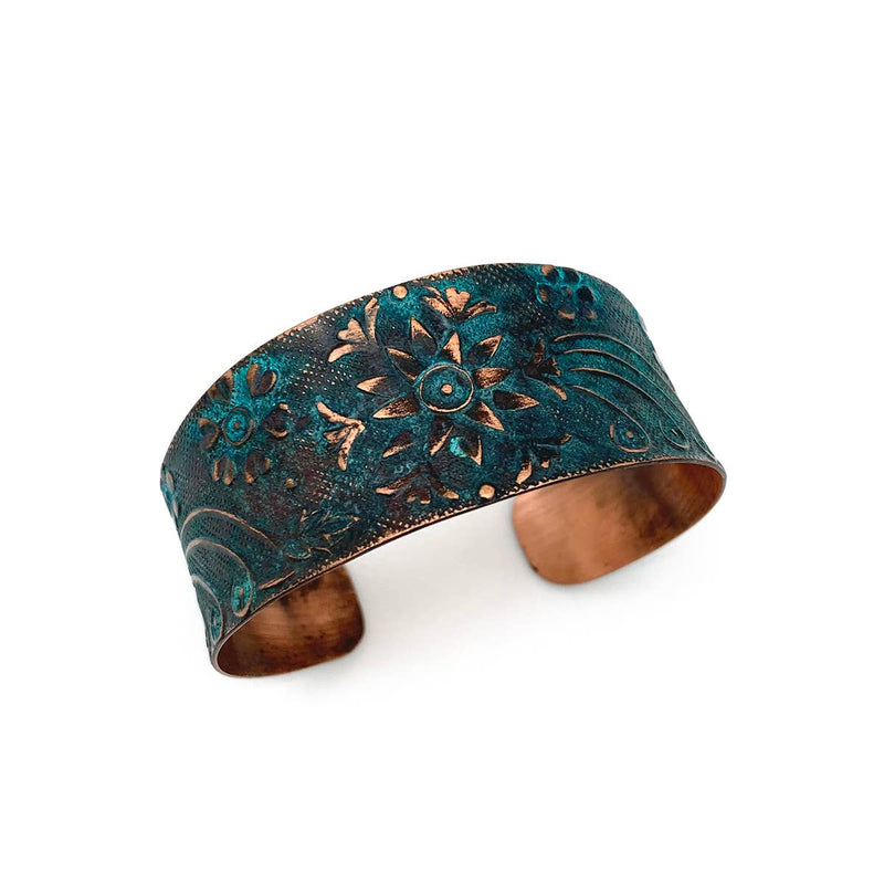 Copper Patina Bracelet - Teal Sun Flower Design