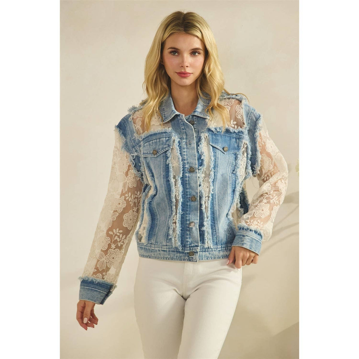 Denim Jacket with Floral Organza Inset: Med Wash