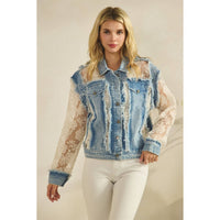 Denim Jacket with Floral Organza Inset: Med Wash