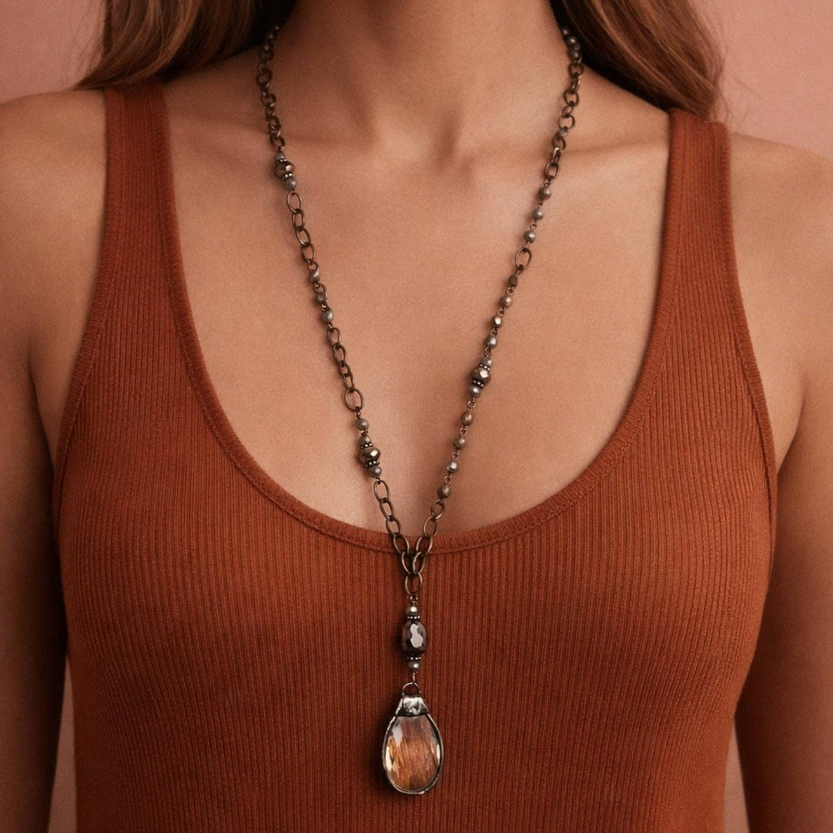 Boho Long Beaded Chain Link Necklace, Glass Crystal Teardrop Pendant