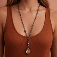 Boho Long Beaded Chain Link Necklace, Glass Crystal Teardrop Pendant