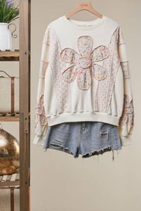 Multi Fabric Flower Patch With Lace Sweatershirts: Ivory