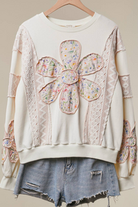 Multi Fabric Flower Patch With Lace Sweatershirts: Ivory