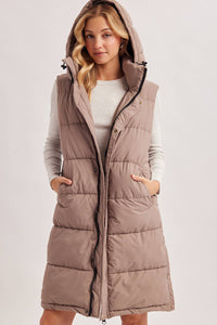 DETACHABLE HOOD ZIPPER LONGLINE QUILTED PUFFER VEST