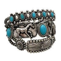 Western Native Horse Three Piece Navajo Beads Stamped Bracelet