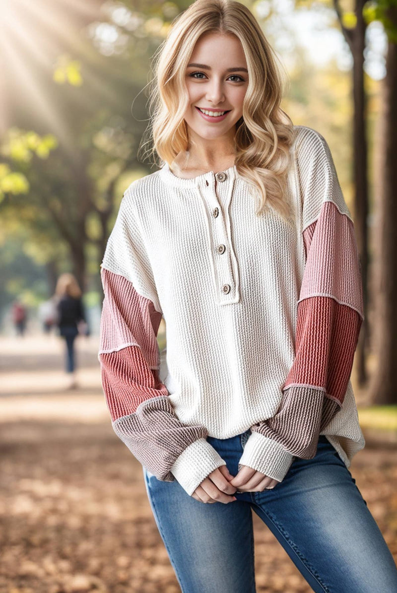 URBAN RIBBED SOLID COLOR BLOCK LONG SLEEVE TOP: SAND