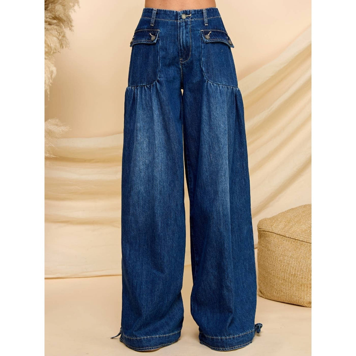 Ankle Drawstring Wide Denim Pants: Dark Wash
