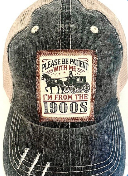 "PLEASE BE PATIENT WITH ME" DISTRESSED TRUCKER HAT  BLACK/ KHAKI