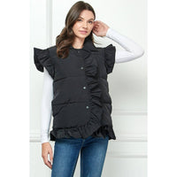Ruffle Sleeve and Front Padded Vest: Black