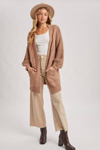 CHUNKY CABLE LANTERN SLEEVE CARDIGAN