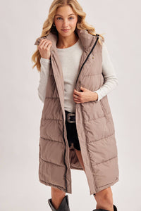 DETACHABLE HOOD ZIPPER LONGLINE QUILTED PUFFER VEST