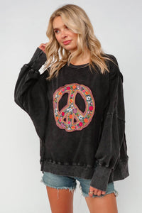 PLUS SUZE EMBROIDERED PEACE WASHED PULLOVER KNIT TOP: CHARCOAL