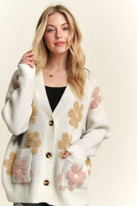 BUTTON DOWN FLORAL SWEATER CARDIGAN: Beige