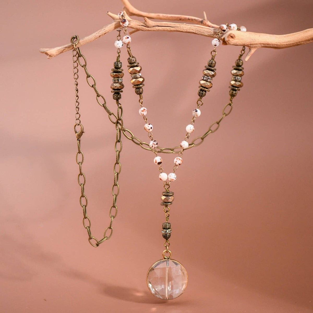 Natural Stone Bead Chain Link Necklace, Glass Crystal Pendant