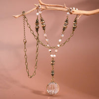 Natural Stone Bead Chain Link Necklace, Glass Crystal Pendant