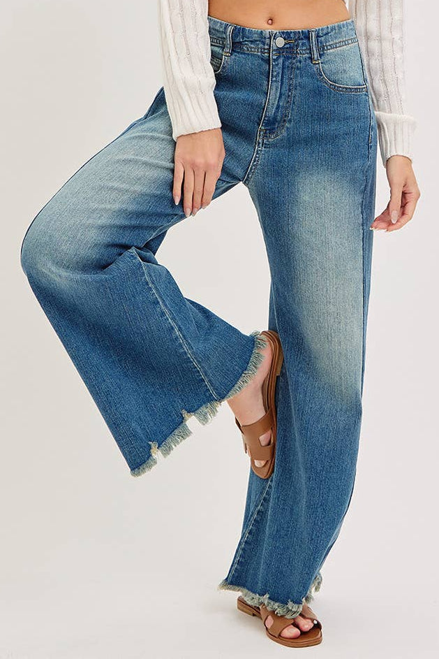 MID-RISE WIDE-LEG FRAYED HEM DENIM JEANS: DENIM BLUE