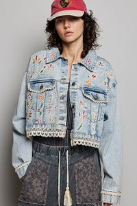 Floral Embroidery Lace Trim Denim Jacket: DENIM