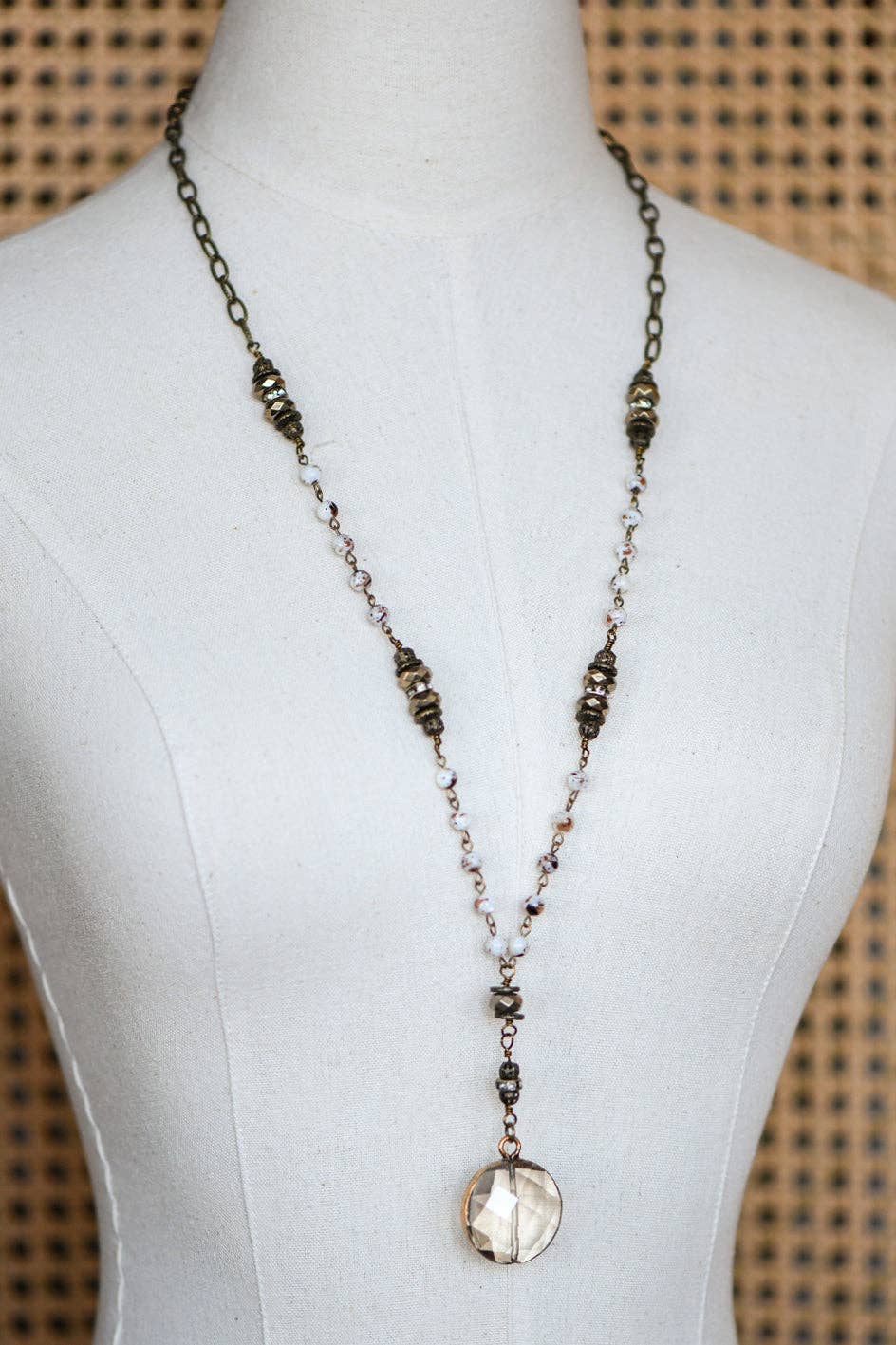 Natural Stone Bead Chain Link Necklace, Glass Crystal Pendant