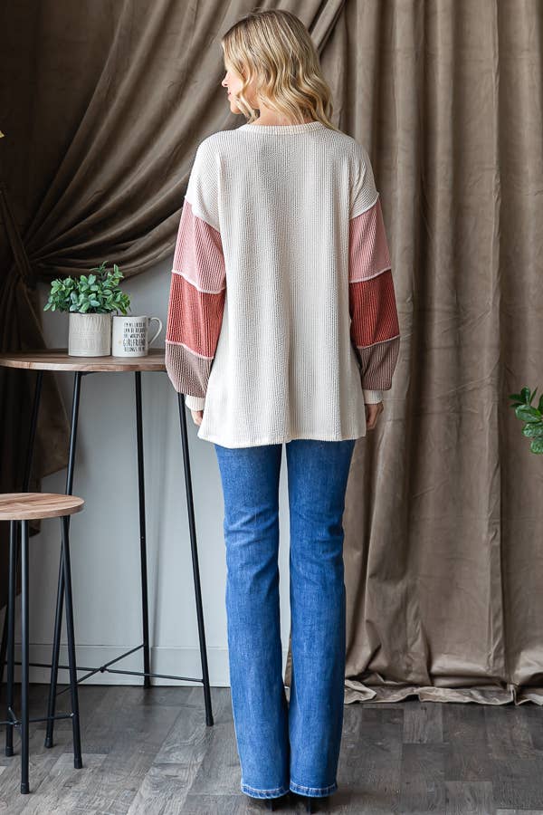 URBAN RIBBED SOLID COLOR BLOCK LONG SLEEVE TOP: SAND