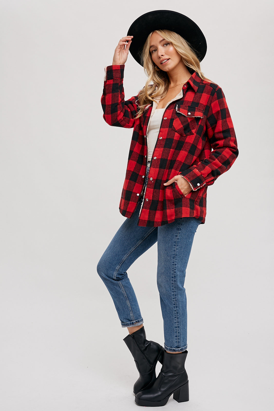 Buffalo Plaid Red and Black flannel jacket with sherpa lining