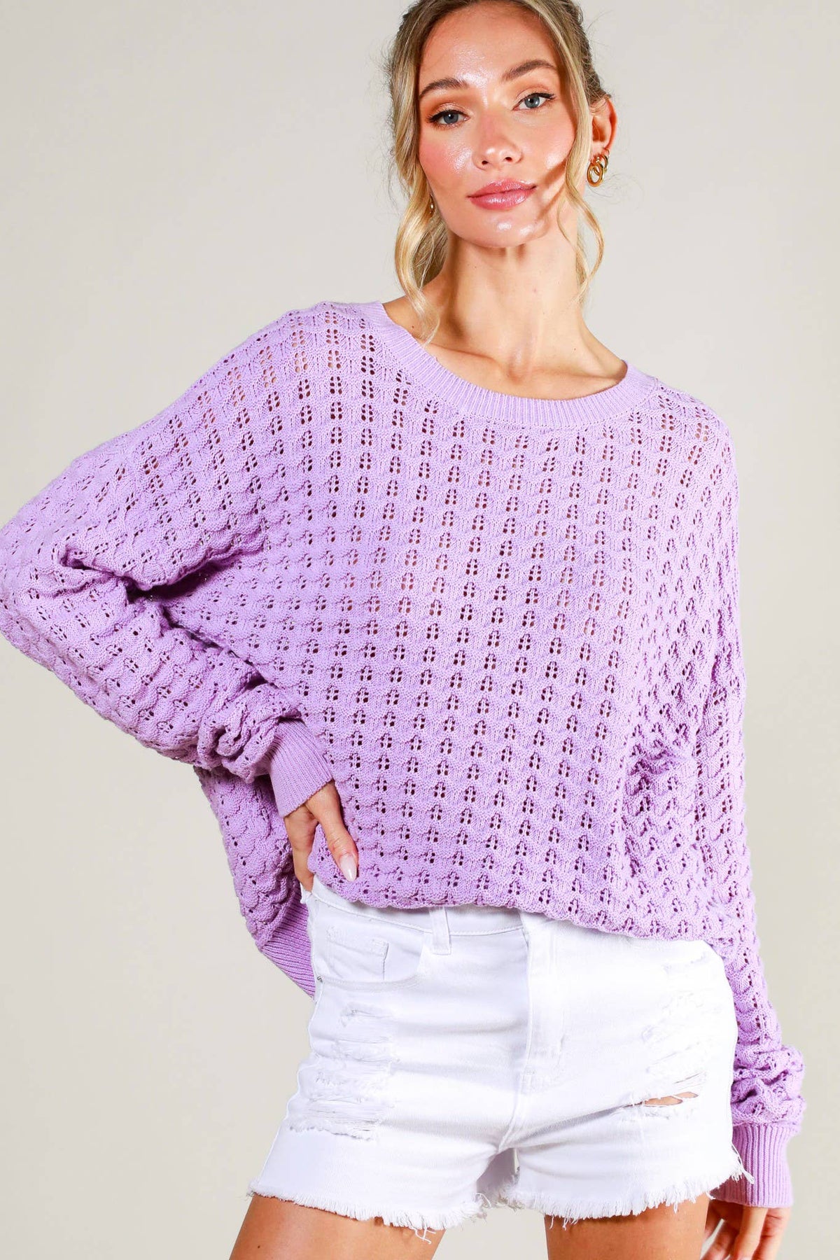 Crew Neck 100%Cotton Textured Crochet Knit Sweater: Lavender