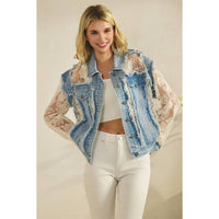 Denim Jacket with Floral Organza Inset: Med Wash