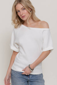 Elbow Sleeve Off The Shoulder Soft Modal Scuba  Blouse : off white