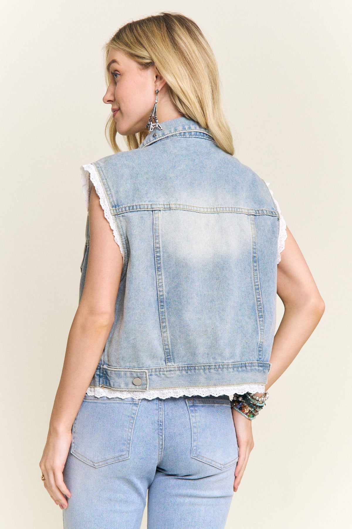 DENIM VEST WITH LACE TRIM : Denim