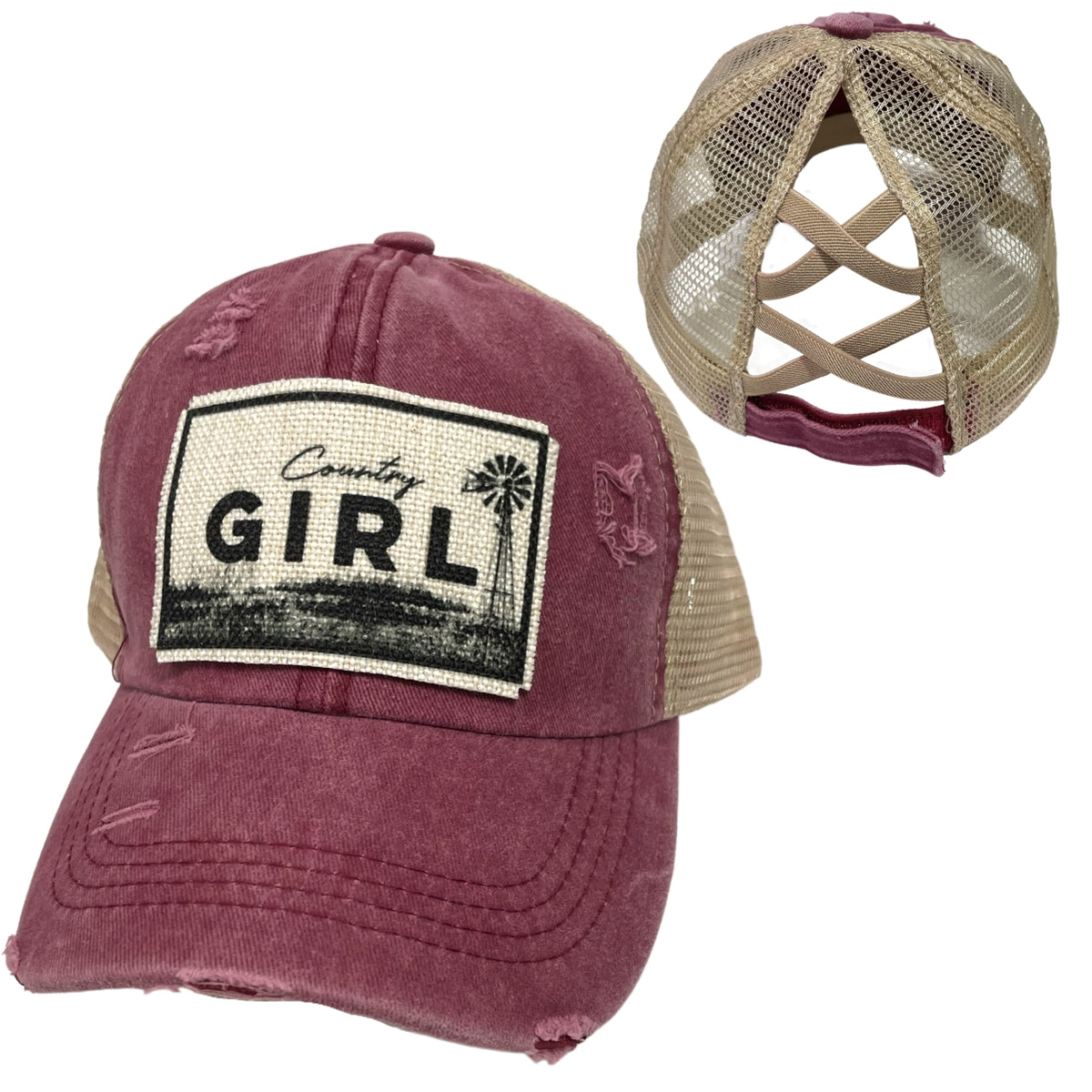 Country Girl Distressed Maroon High Pony Tail baseball cap *