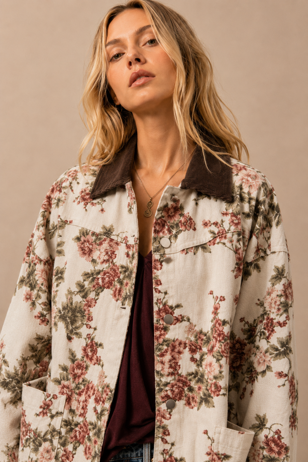 Vintage Floral Canvas Jacket with Corduroy Collar: CREAM FLORAL
