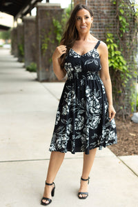 Black & White V-neck smocked waist midi dress