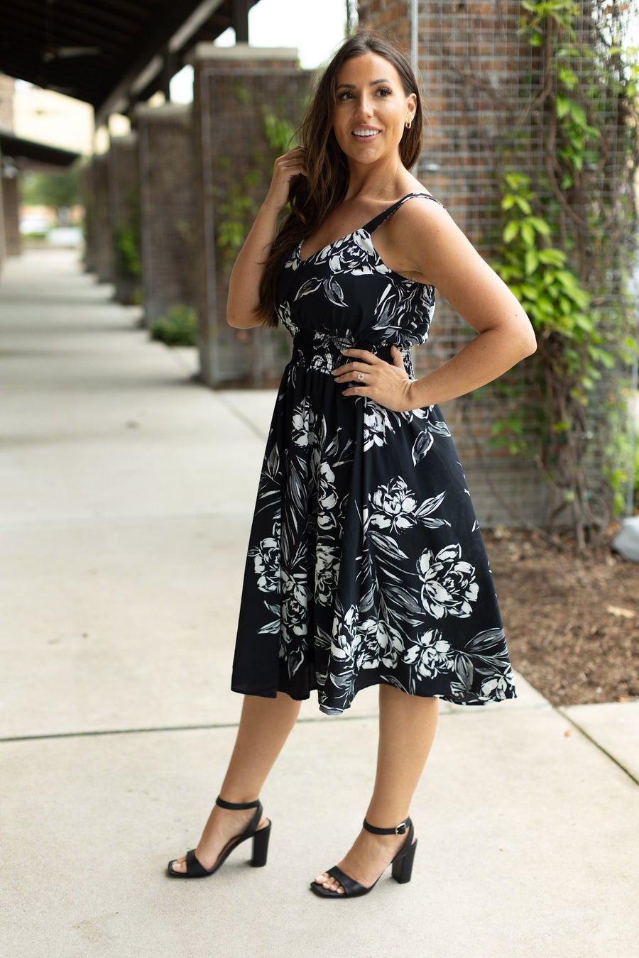 Black & White V-neck smocked waist midi dress