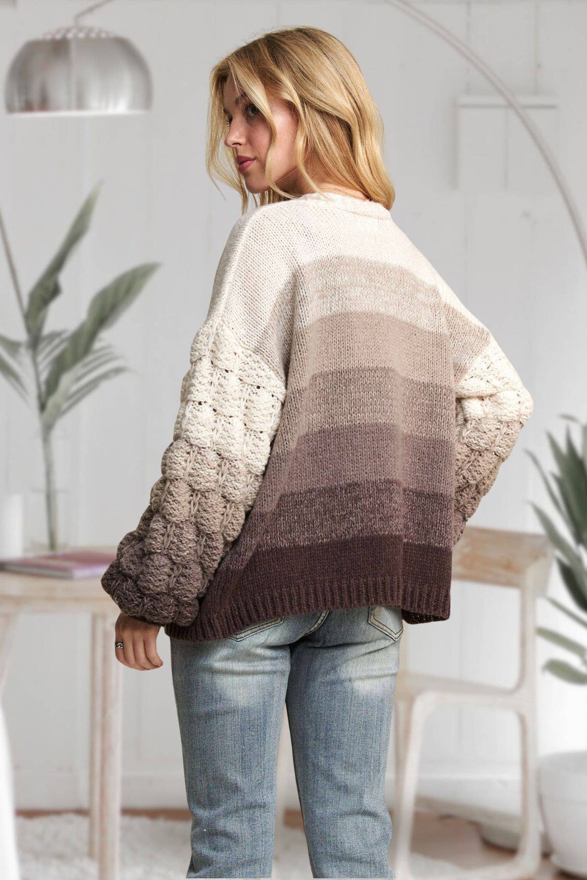PUFF SLEEVES OMBRE SWEATER CARDIGAN: COFFEE