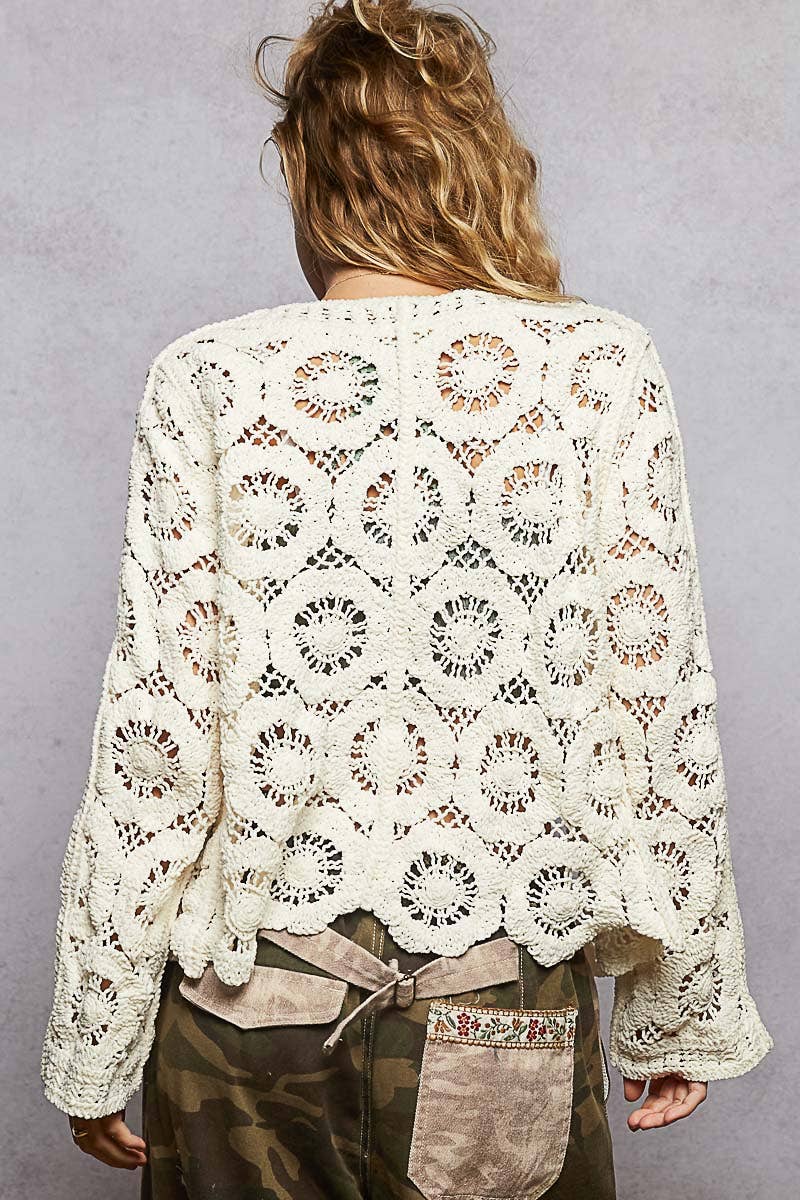 Open knitted button down crochet sweater cardigan: CREAM