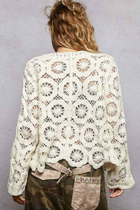Open knitted button down crochet sweater cardigan: CREAM