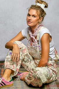 Printed Lace Patch Trim Strap Relaxed Fit Jogger Overall Romper Pants : CREAM FLORAL