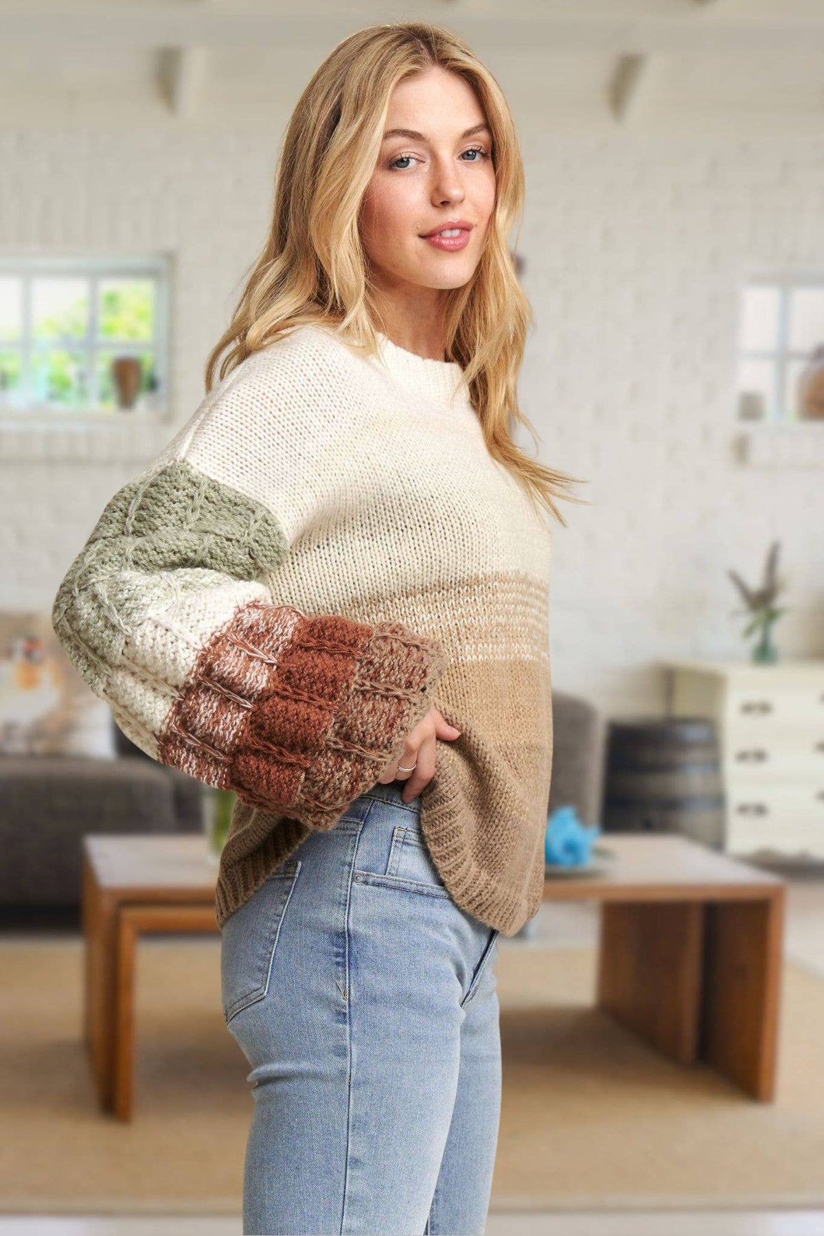 PUFF SLEEVE OMBRE SWEATER TOP: COFFEE