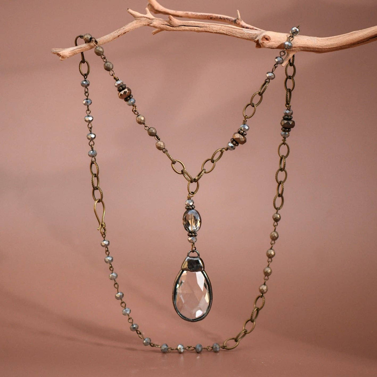 Boho Long Beaded Chain Link Necklace, Glass Crystal Teardrop Pendant