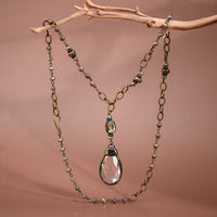 Boho Long Beaded Chain Link Necklace, Glass Crystal Teardrop Pendant